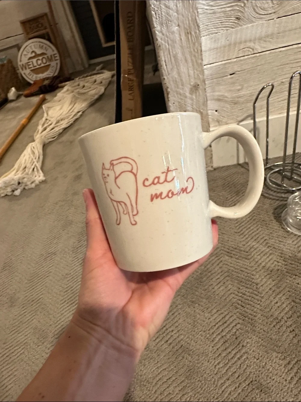 Cat Mom Ceramic Mug in Cream with Pink Accent